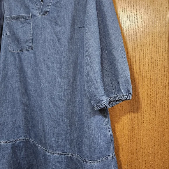 Denim Dress Blue V-Neck 3/4 Length Puff Sleeves Midi Dress NWT Size Large - Picture 11 of 11